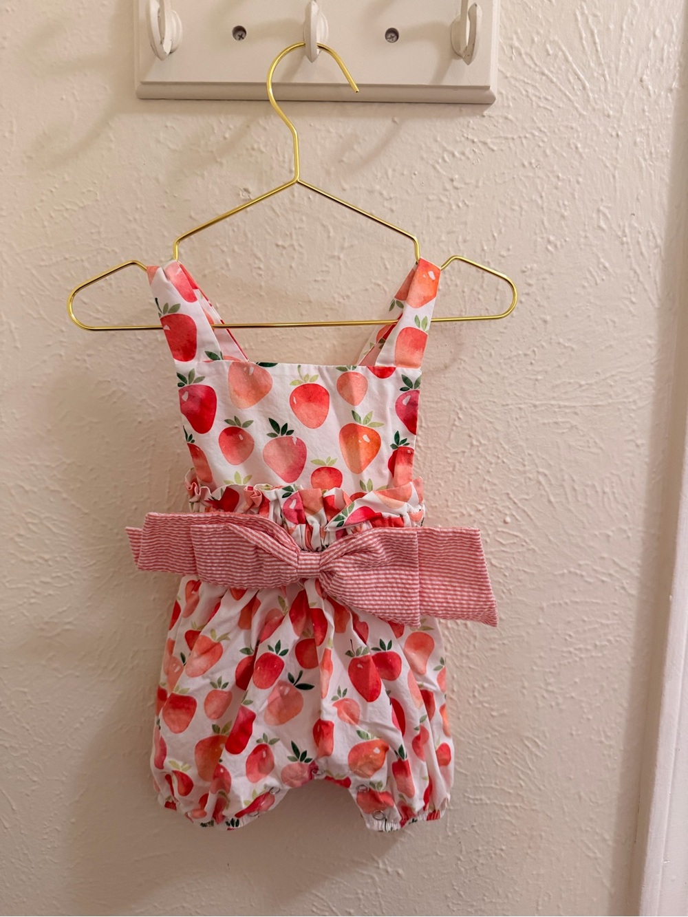 Girls Pink Strawberry Print Bubble Romper with Waist Bow